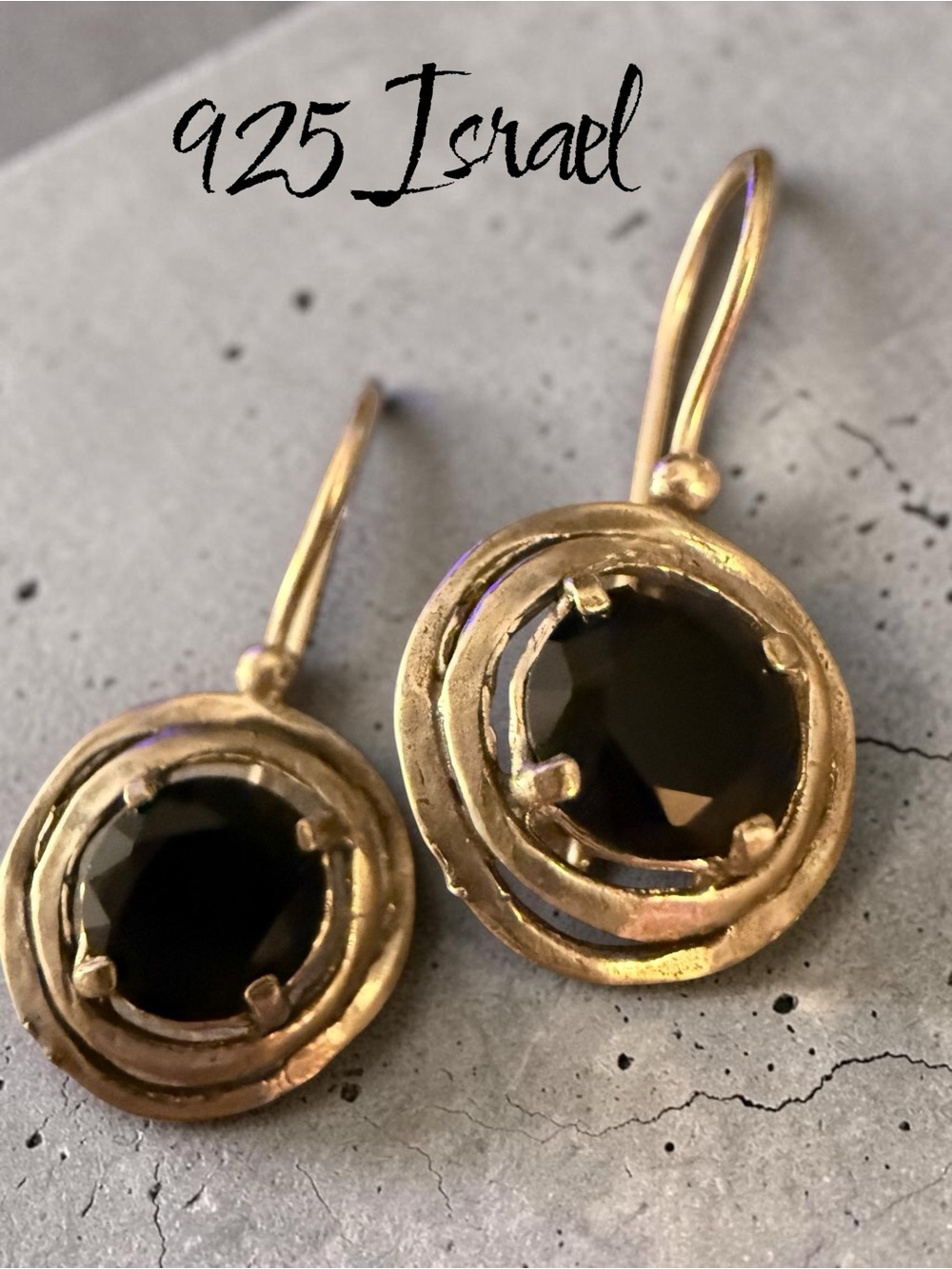 925 Sterling Silver Black Onyx Drop Earrings Israel Modernist Artisan Vintage